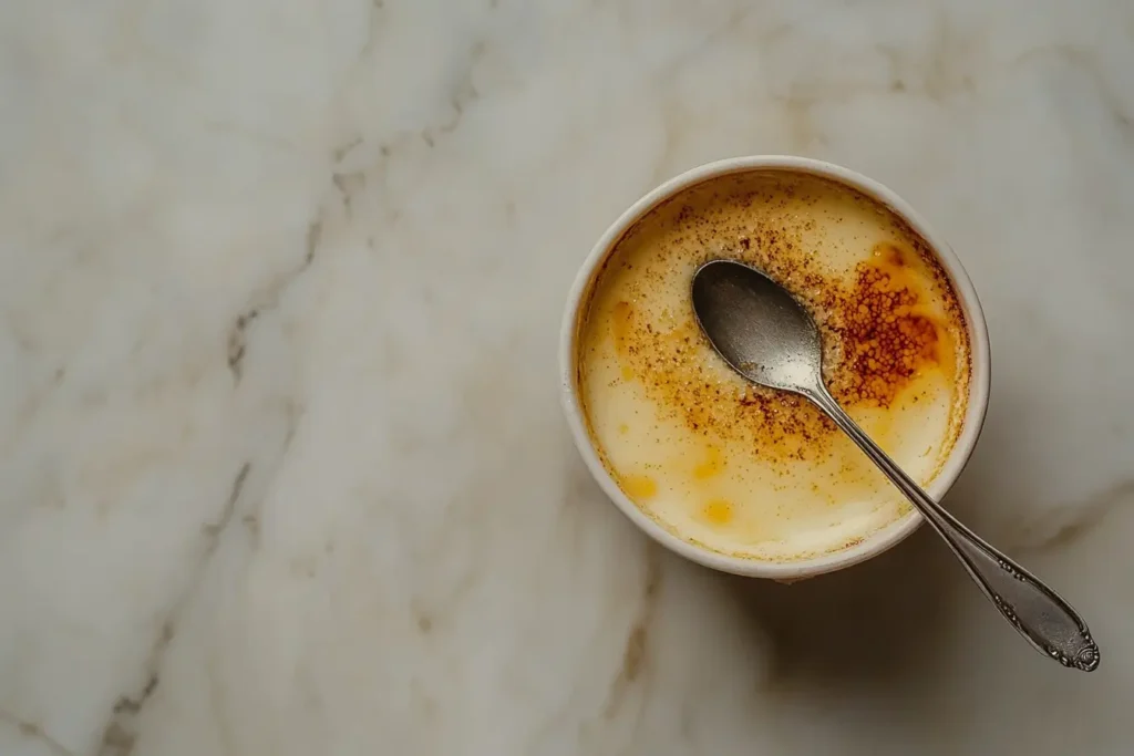  small bowl of crème brûlée with a caramelized sugar top, placed on a marble surface. A silver spoon rests on the edge of the bowl.