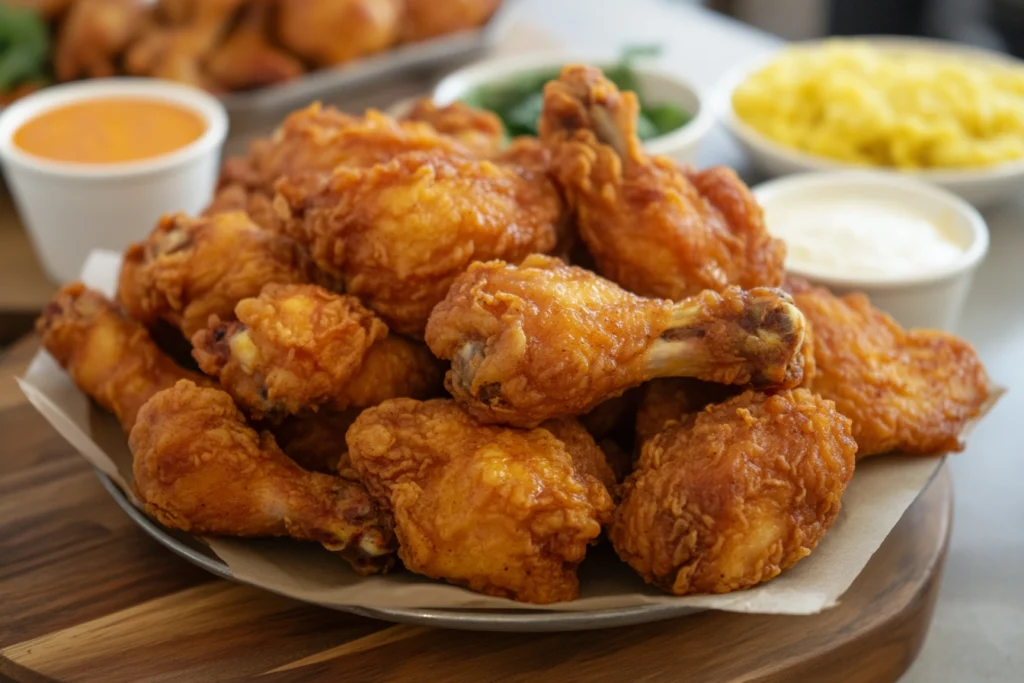 A plate of crispy fried chicken drumsticks, golden brown and perfectly cooked, served on a wooden tray.