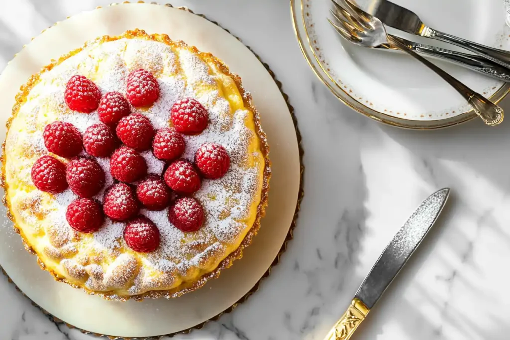 A beautifully baked tart topped with fresh raspberries and dusted with powdered sugar, placed on a marble surface with elegant silverware nearby.