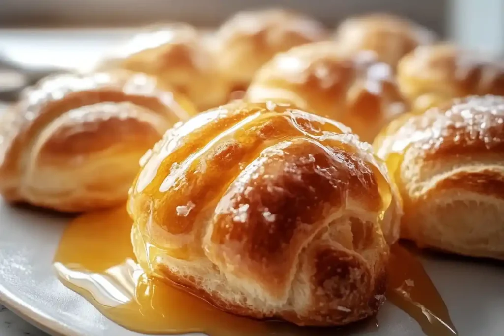 Close-up of golden-brown pastries drizzled with honey and sprinkled with coarse sugar, served on a white plate.