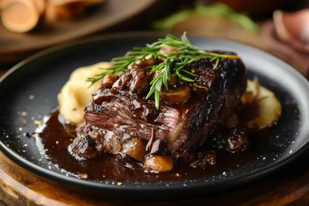 Close-up of a tender braised beef short rib with a rich red wine sauce, garnished with fresh rosemary, served alongside creamy mashed potatoes on a black plate.