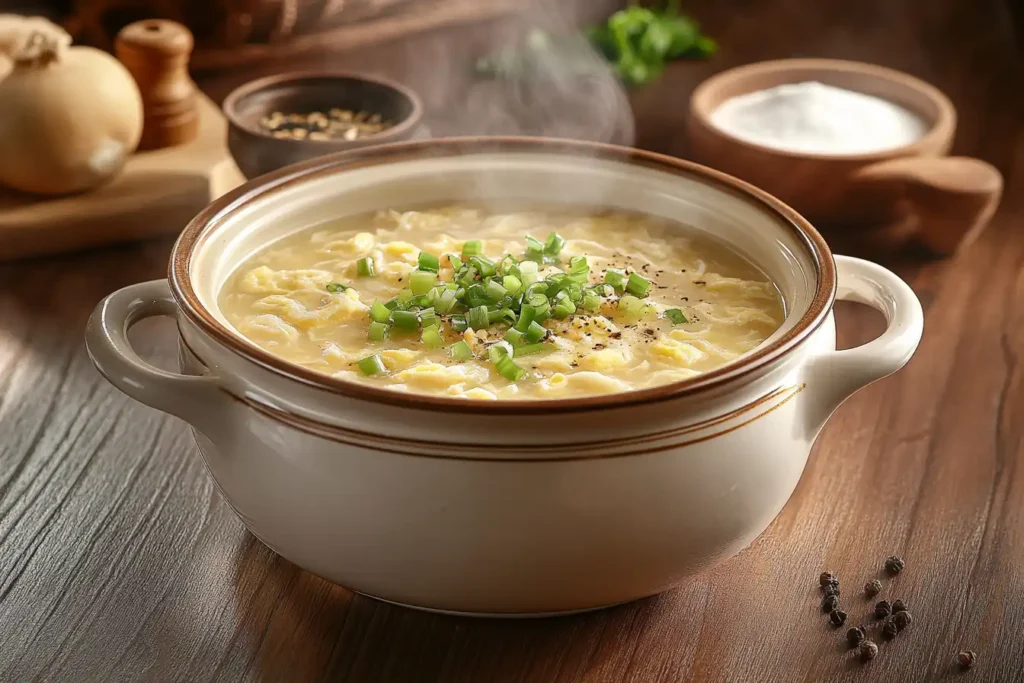 A steaming bowl of egg drop soup garnished with chopped green onions and freshly ground black pepper, served in a ceramic pot.