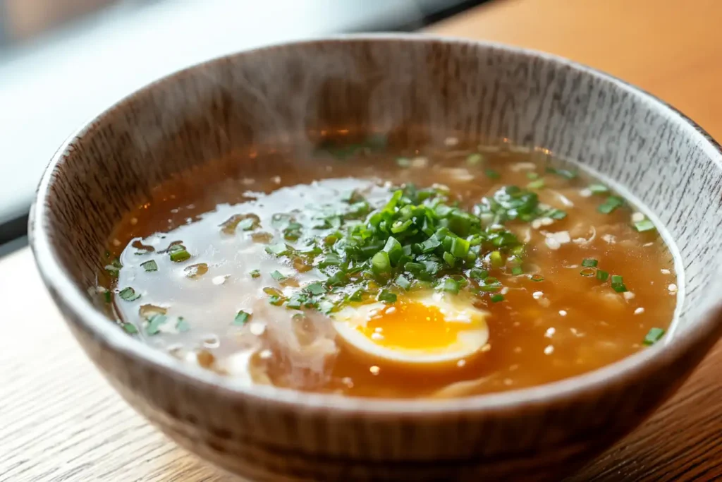 A steaming bowl of broth with a soft-boiled egg, chopped green onions, and sesame seeds, served in a rustic ceramic bowl.