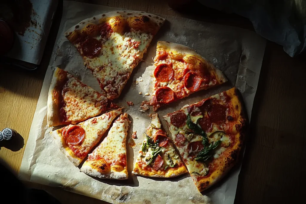 Overhead view of a round pepperoni pizza cut into slices on parchment paper, illuminated by warm, natural light.