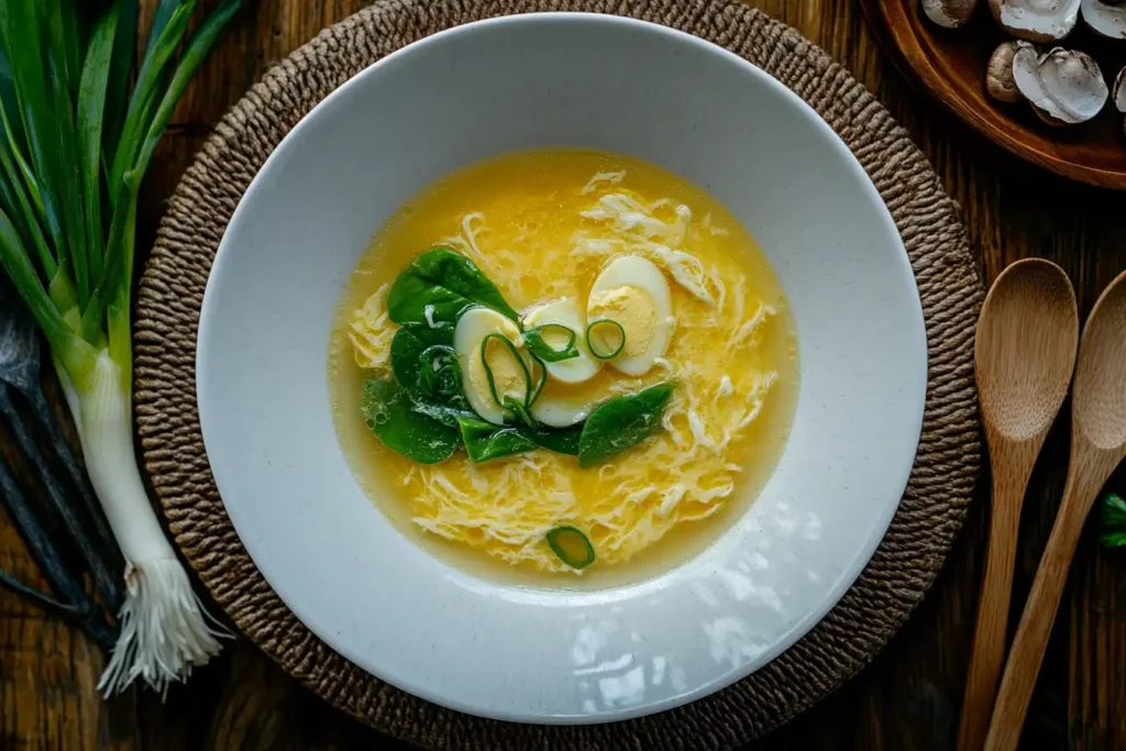 A bowl of egg drop soup with spinach, sliced boiled eggs, and green onions, served in a white bowl on a woven mat.