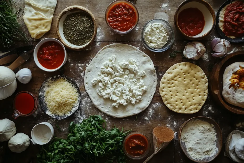 Top-down view of fresh pizza dough topped with ricotta, surrounded by sauces, cheeses, and herbs on a flour-dusted wooden surface.

