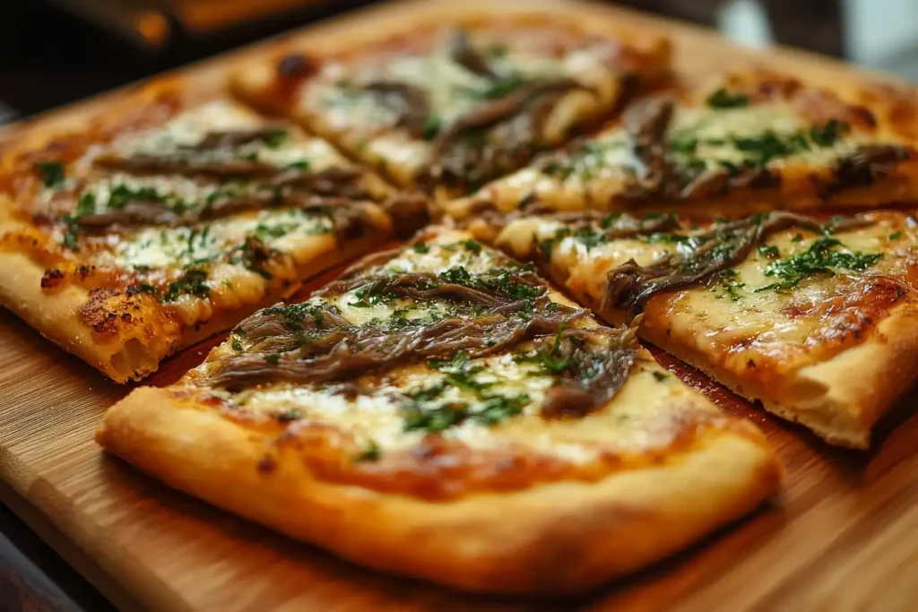 Sliced pizza topped with anchovies, cheese, tomato sauce, and fresh parsley on a wooden board.