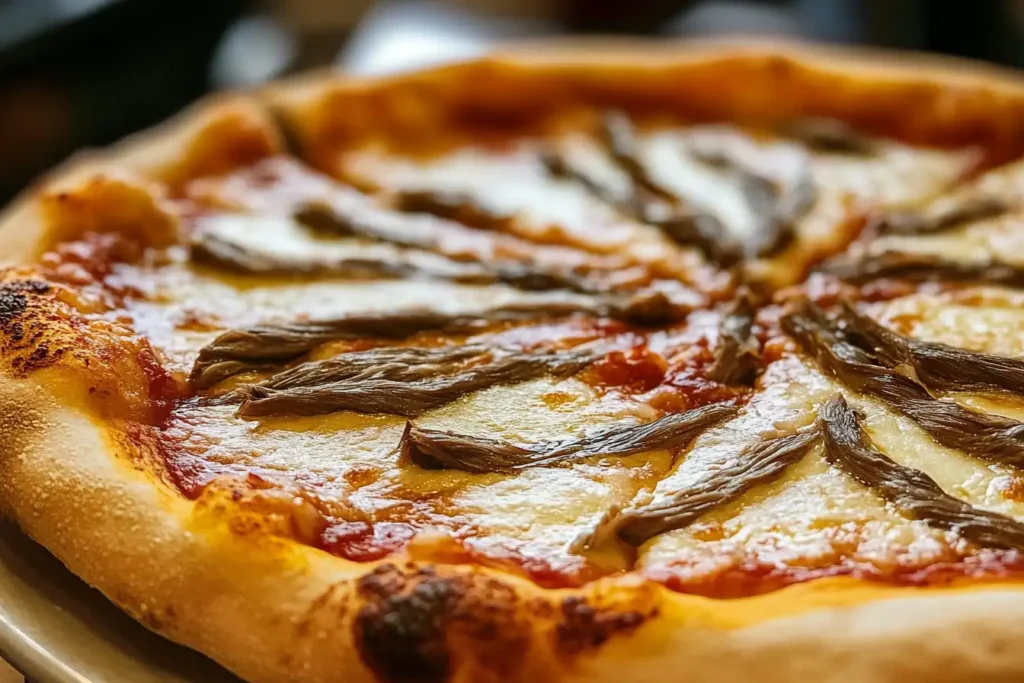 A close-up of a pizza topped with anchovies, melted cheese, and tomato sauce.