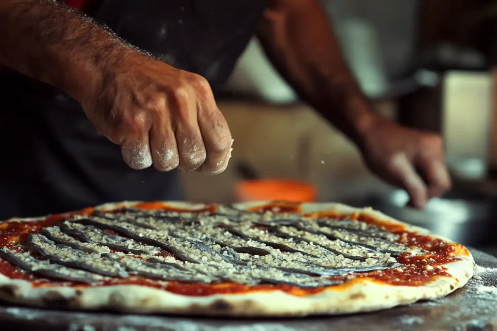  A chef sprinkling cheese over a pizza topped with anchovies and tomato sauce.