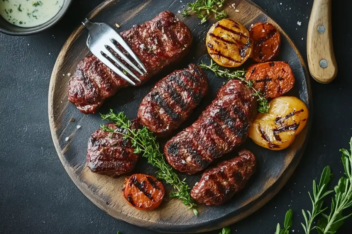 Grilled beef sausages and vegetables on a wooden platter.