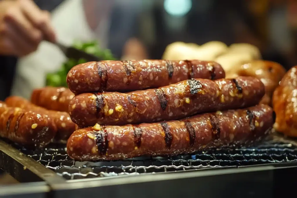 Stacked grilled beef sausages on a barbecue grill.