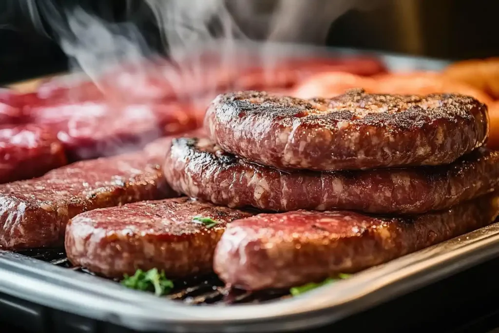 Grilled beef patties steaming on a barbecue grill.