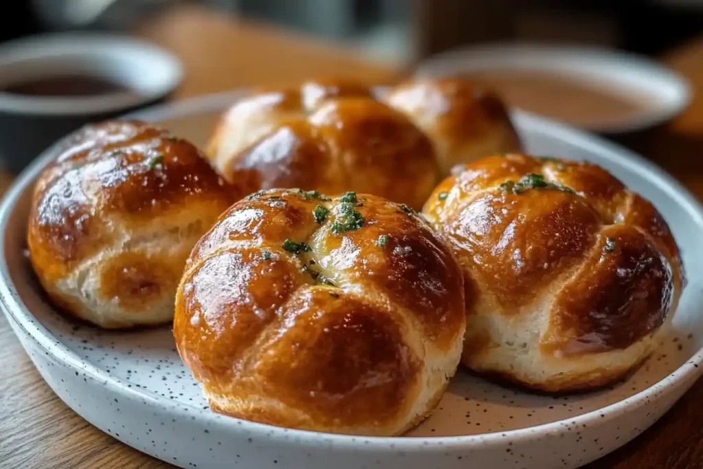  Freshly baked golden-brown dinner rolls garnished with herbs, served on a white speckled plate.