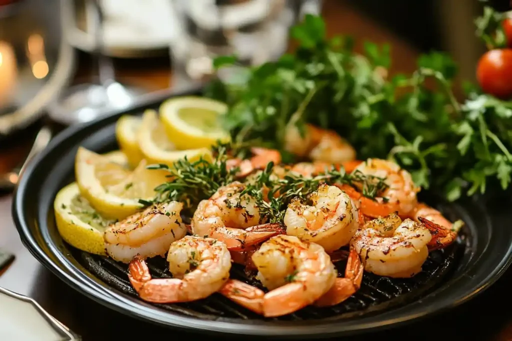 Grilled shrimp garnished with fresh herbs and lemon slices, served on a plate.