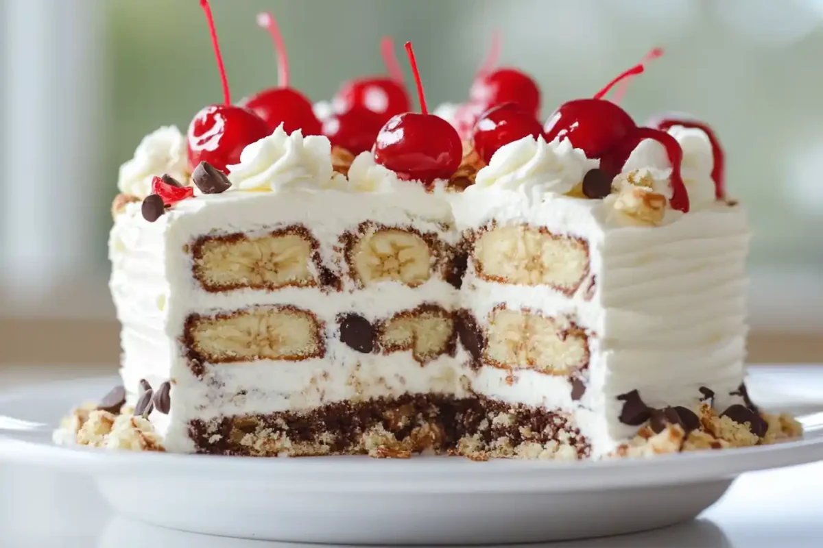 A cross-section of a banana split cake layered with bananas, whipped cream, chocolate chips, and garnished with cherries and cream swirls.