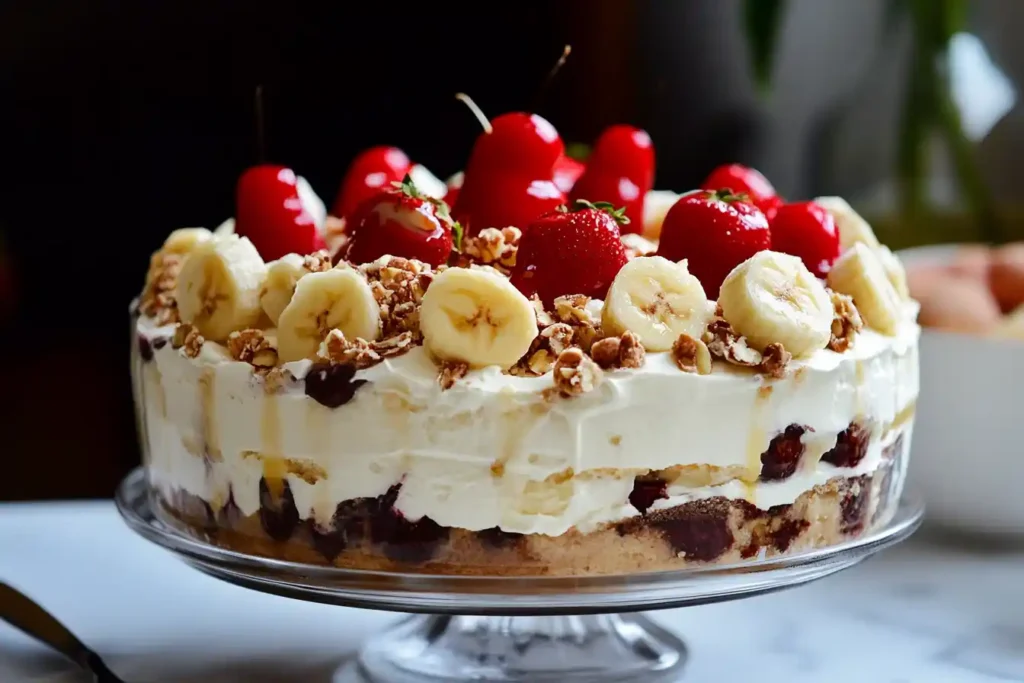 A layered banana split dessert topped with fresh strawberries, banana slices, cherries, and crunchy toppings served in a glass dish.