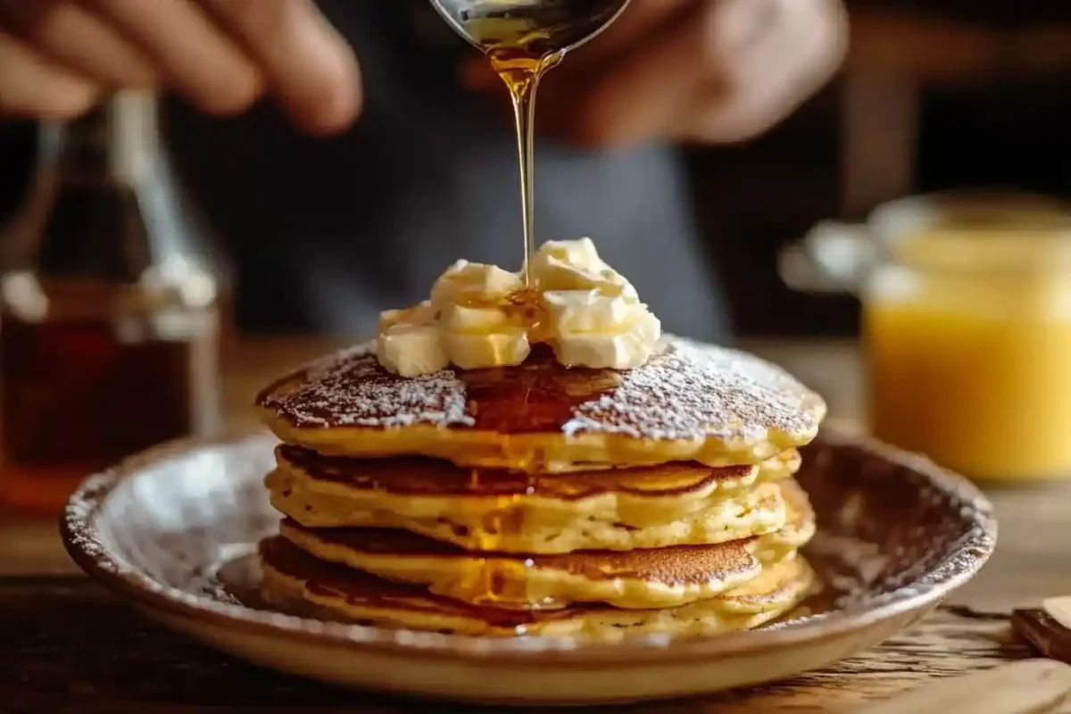 A stack of fluffy pancakes topped with whipped butter and powdered sugar, with maple syrup being poured on top.