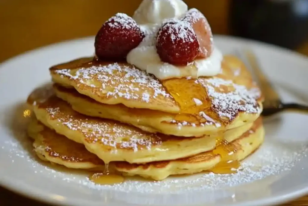 A stack of fluffy pancakes topped with whipped cream, fresh strawberries, powdered sugar, and maple syrup, served on a white plate.