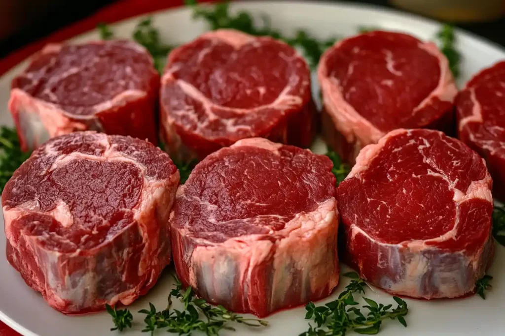 Raw filet mignon steaks arranged on a white plate with sprigs of fresh thyme for garnish.