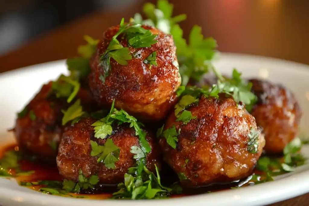 Juicy glazed meatballs garnished with fresh parsley and served on a white plate.