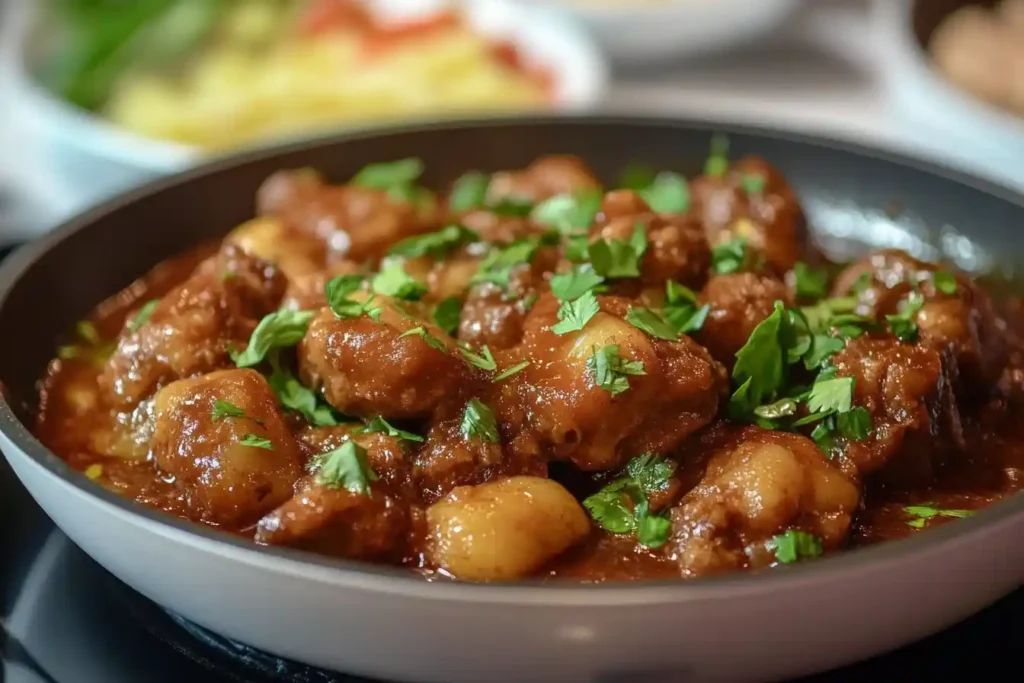 A hearty stew featuring caramelized beef sweetbreads and baby potatoes, garnished with fresh parsley, served in a black skillet.