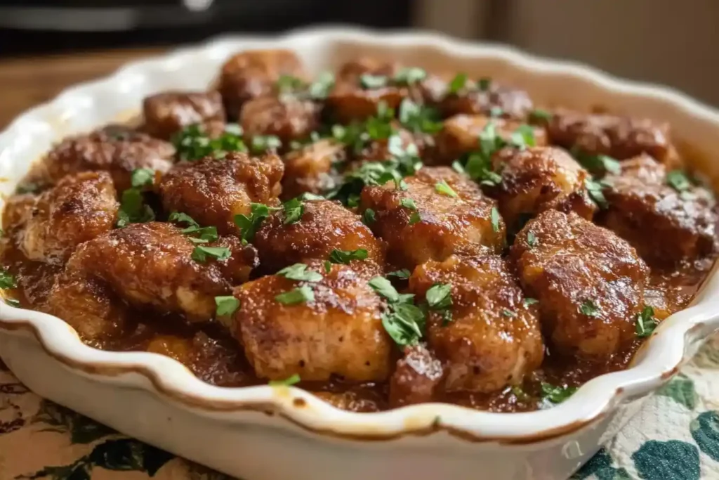 A baked dish of caramelized meatballs garnished with fresh parsley in a scalloped white baking dish.