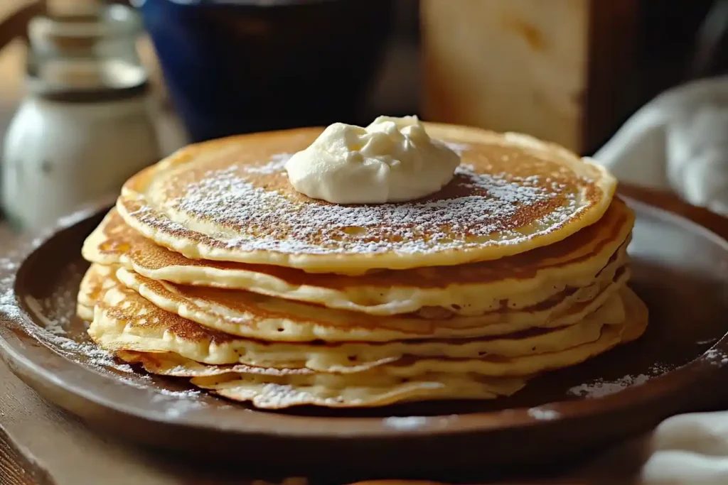 A stack of golden pancakes topped with whipped cream and powdered sugar on a wooden plate.