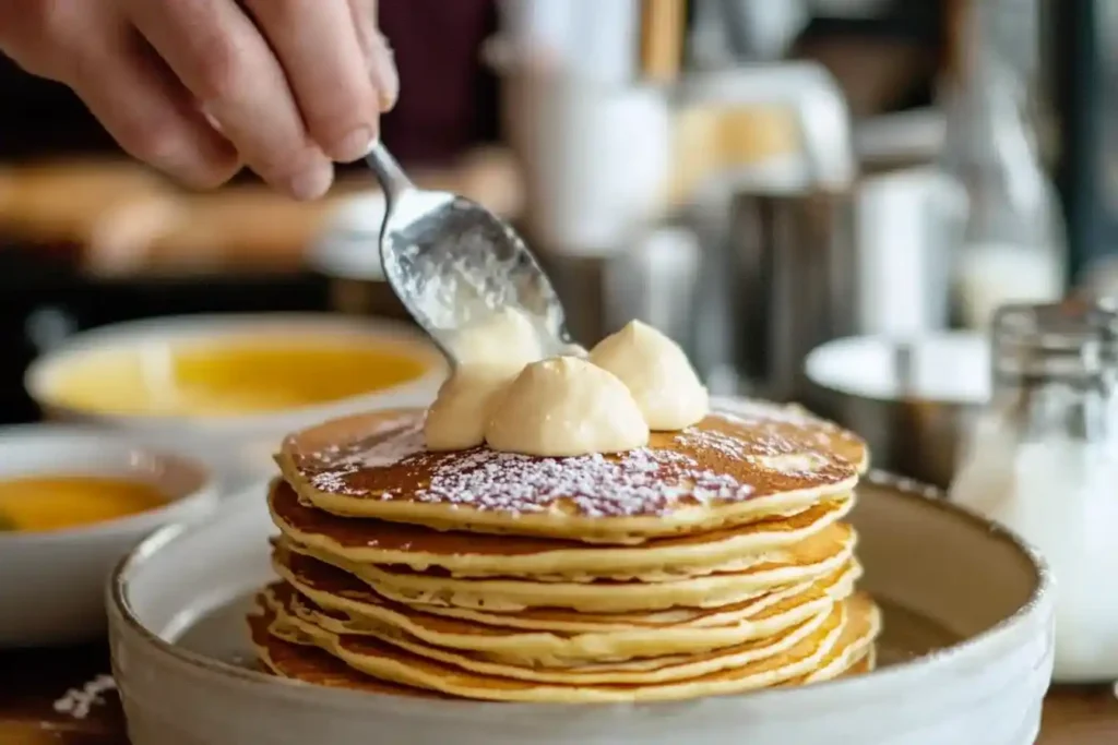 A stack of pancakes being topped with whipped cream using a spoon in a modern kitchen setting.