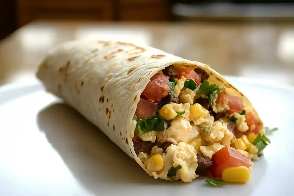 Breakfast burrito filled with scrambled eggs, diced tomatoes, sweet corn, fresh parsley, and ground sausage wrapped in a warm tortilla.