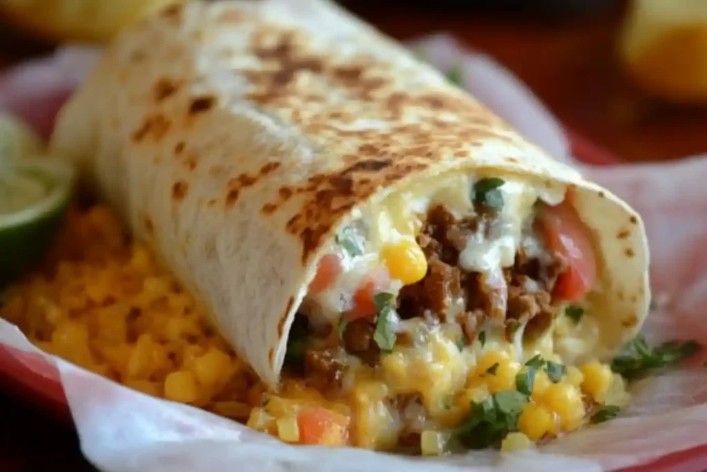 A breakfast burrito filled with melted cheese, scrambled eggs, seasoned ground meat, fresh tomatoes, and herbs, wrapped in a toasted tortilla and served on a bed of cheesy rice.