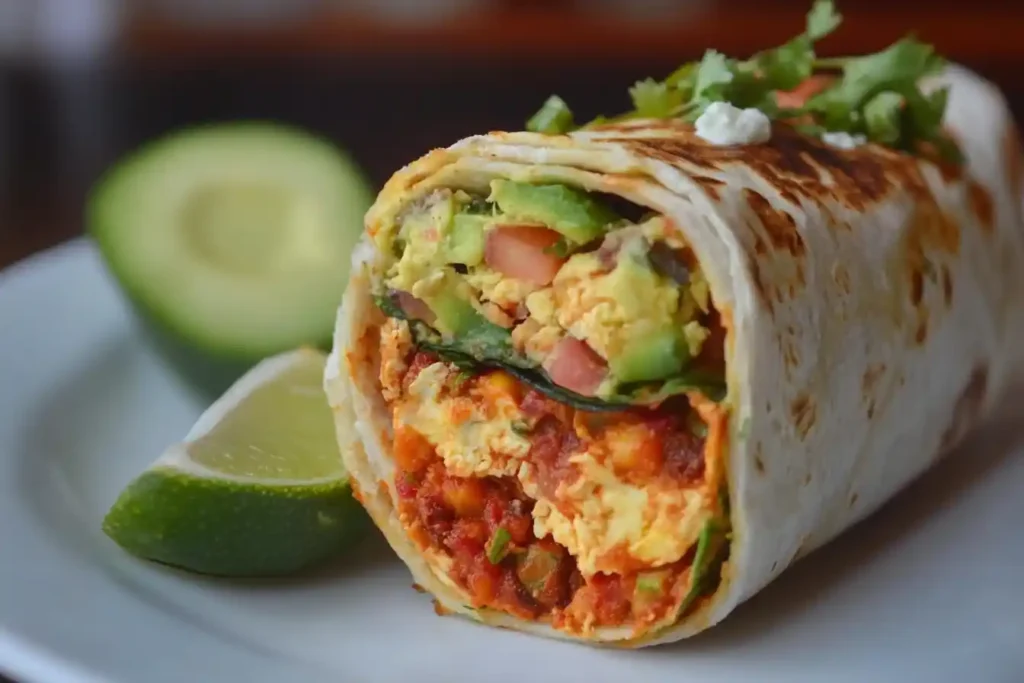 Close-up of a breakfast burrito with a toasted tortilla, filled with scrambled eggs, avocado, tomatoes, spinach, and a savory tomato-based sauce, served with lime wedges.