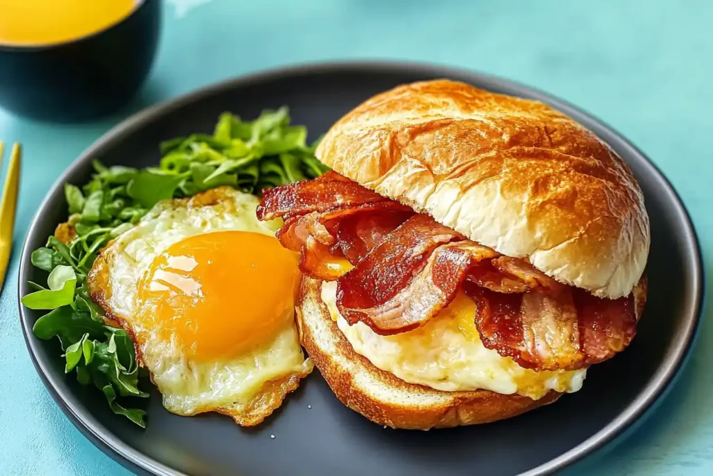 Breakfast sandwich with bacon, egg, and greens.