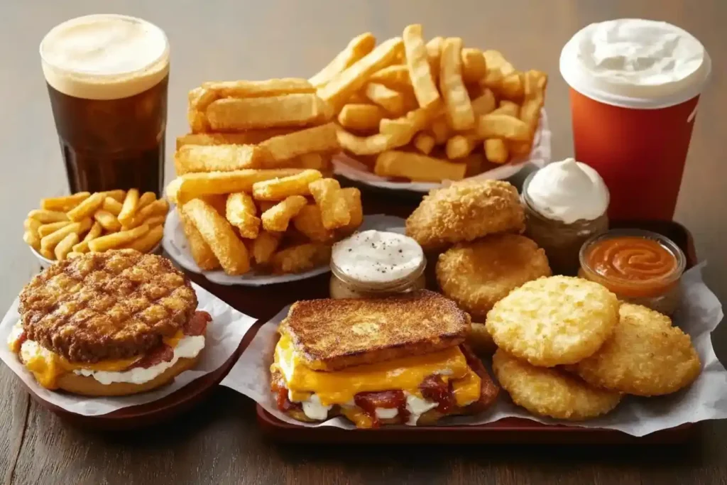 Assorted fast food items with fries, sandwiches, and drinks.