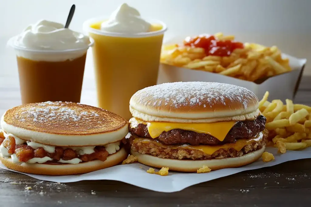 Pancake-style burgers with fries and drinks.