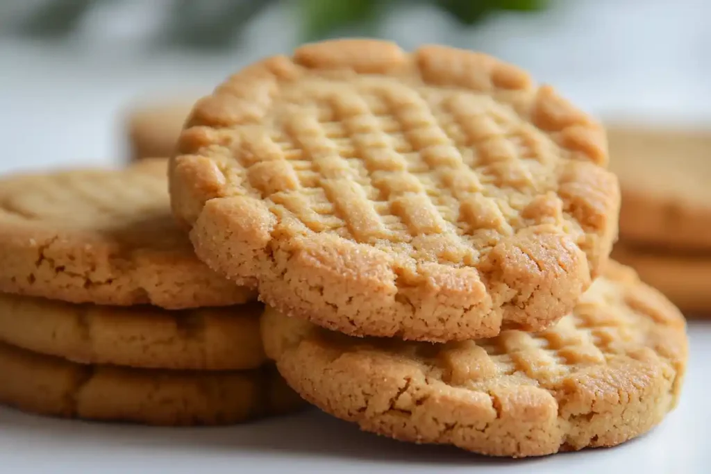 Close-up of golden brown peanut butter cookies with a crisscross fork pattern on their surface, stacked neatly.