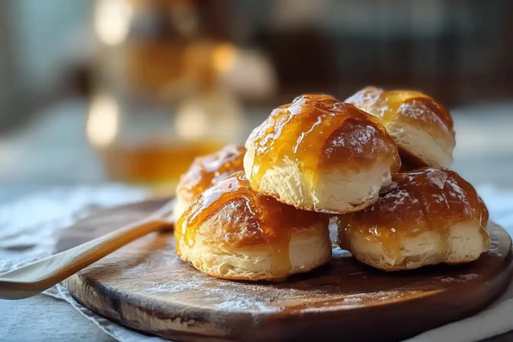 A stack of golden-brown pastries drizzled with honey, served on a rustic wooden board with a wooden knife.