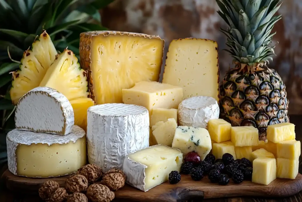 A selection of gourmet cheeses paired with fresh pineapple, berries, and walnuts on a wooden board.