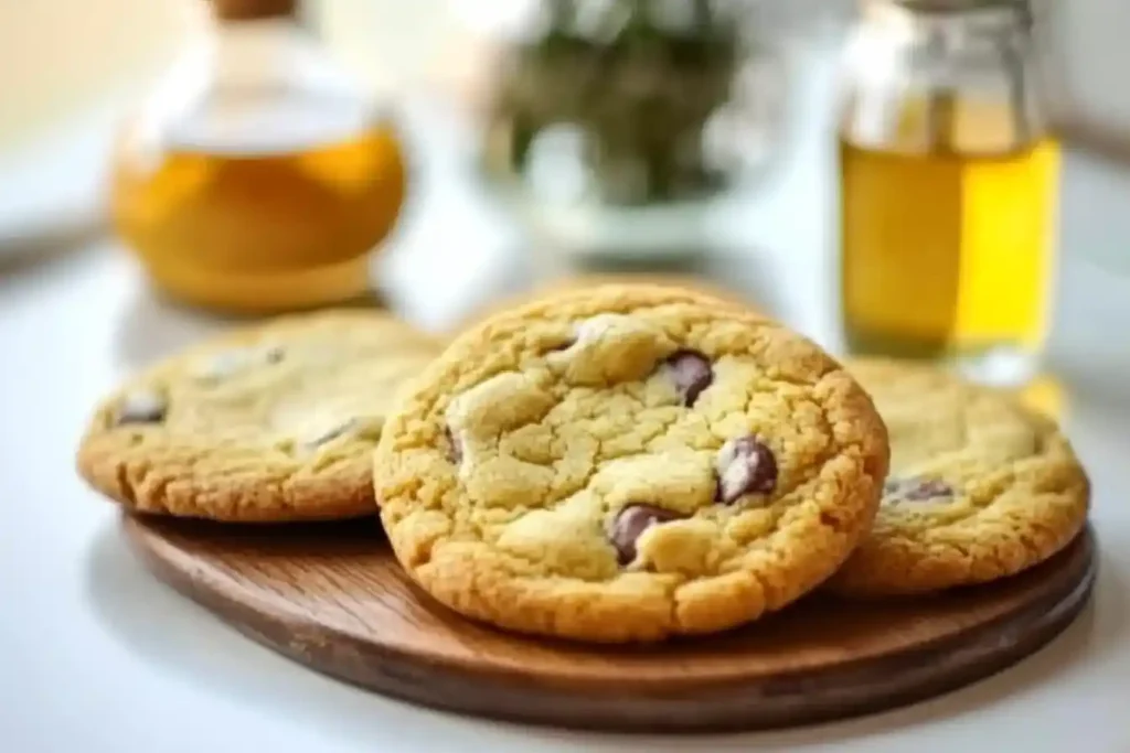 Chocolate chip cookies on a wooden plate with jars of ingredients in the background.