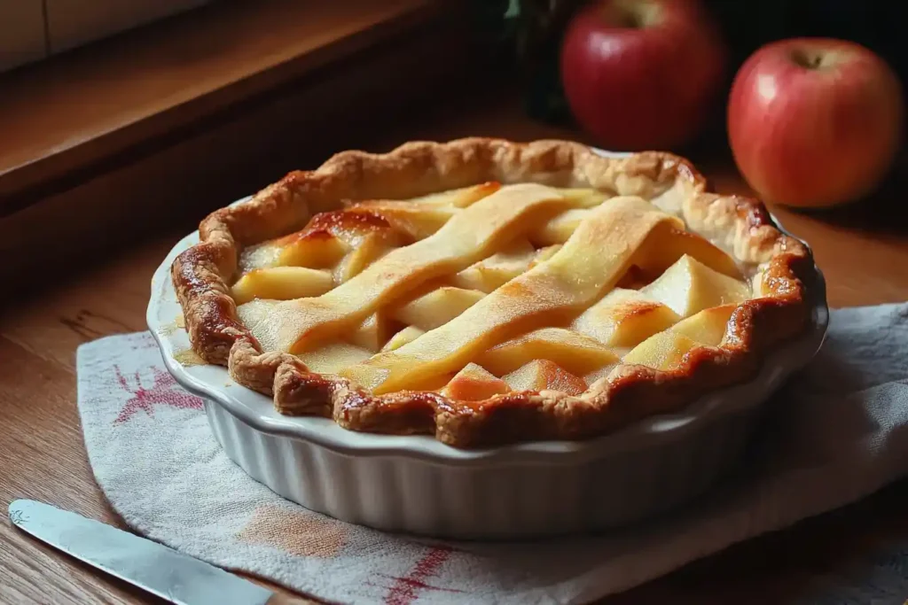 A freshly baked apple pie with a golden lattice crust in a white ceramic dish.