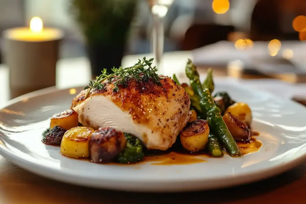 "Roasted chicken breast served with asparagus, roasted potatoes, and a sprig of thyme on a white plate, presented in an elegant dining setting."