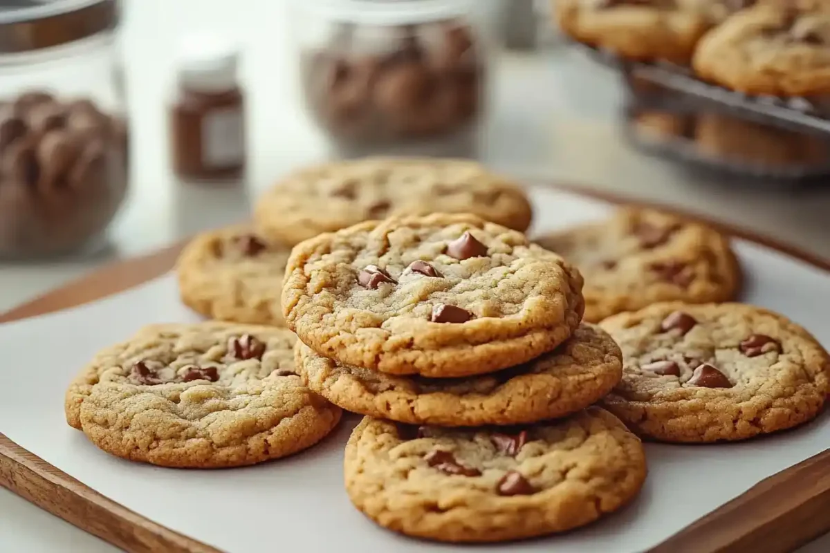 A stack of chocolate chip cookies on a parchment-lined wooden tray.