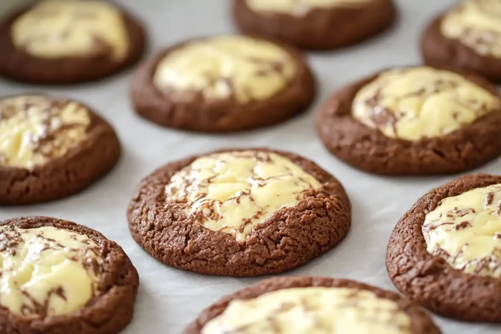 Chocolate cookies with cream cheese swirls on a baking sheet.