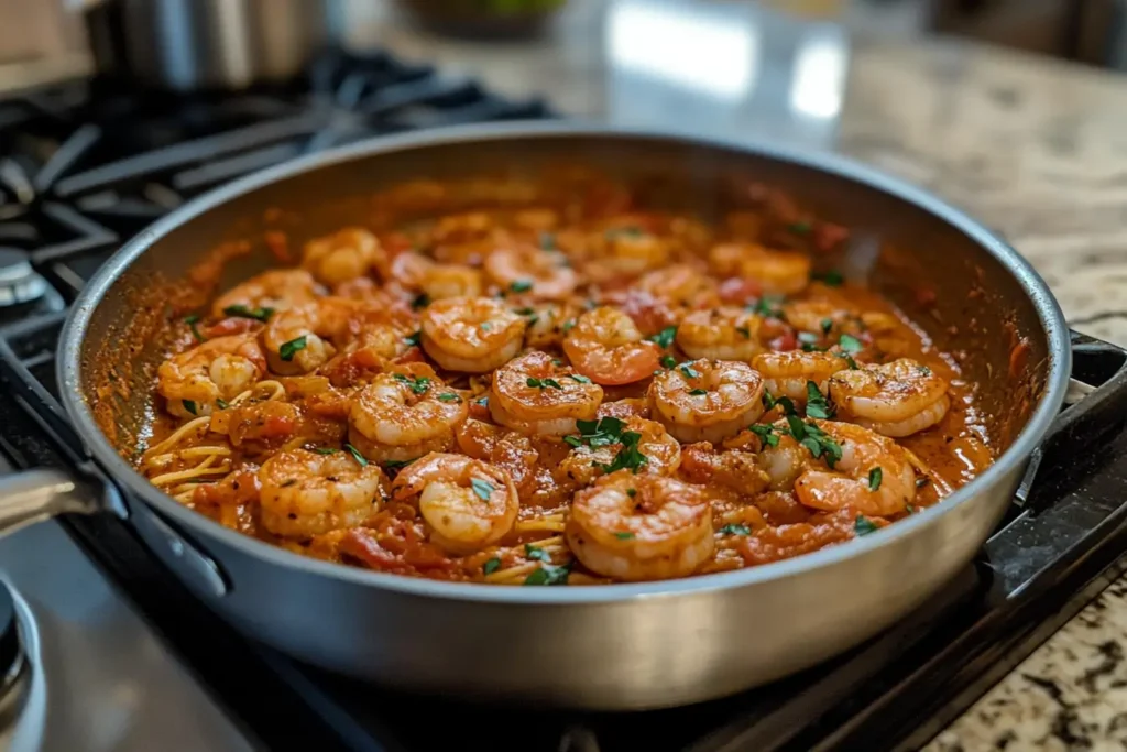 A skillet of Cajun shrimp pasta in a rich tomato sauce garnished with fresh parsley.