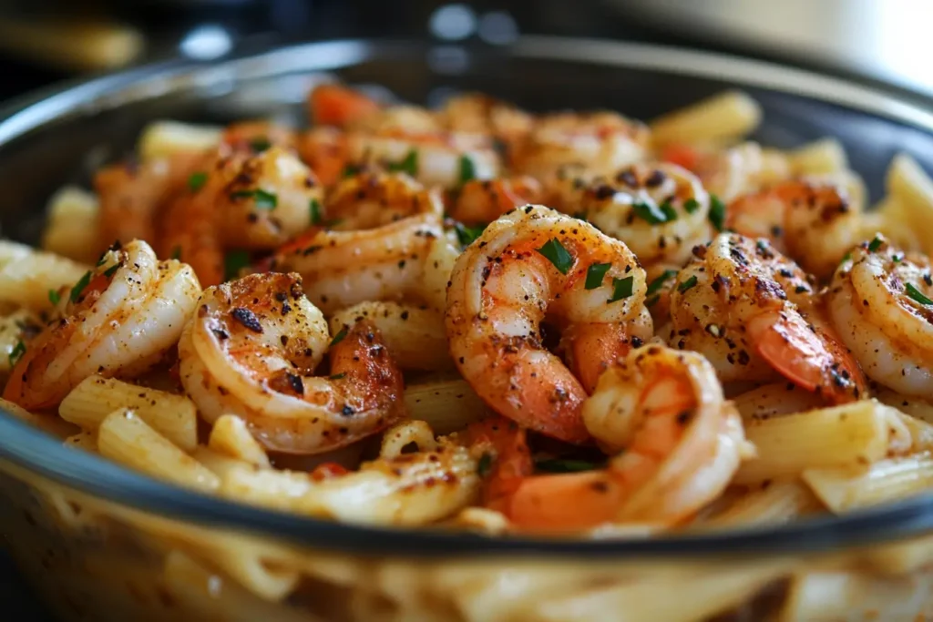 Seasoned shrimp atop penne pasta garnished with fresh herbs in a glass bowl.