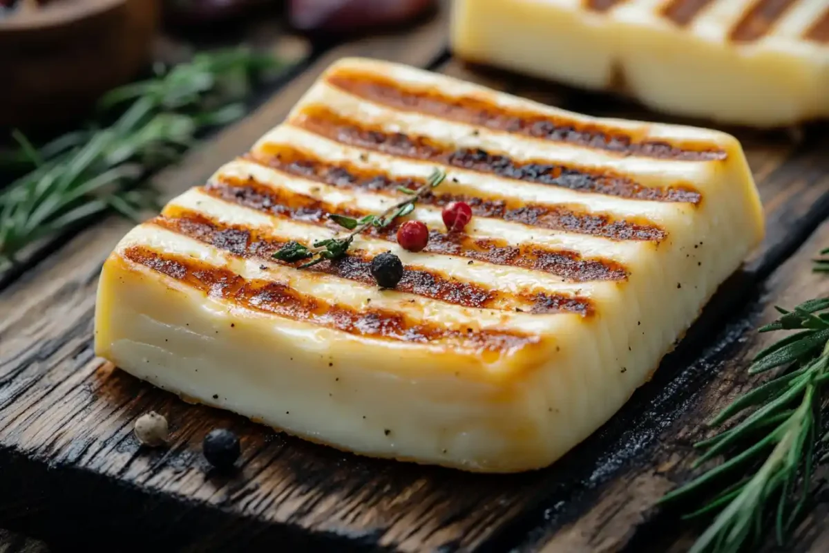 Grilled cheese slice with golden char marks, garnished with herbs and peppercorns on a rustic wooden board