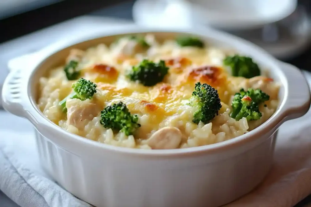 Chicken, broccoli, and rice casserole with melted cheese topping.