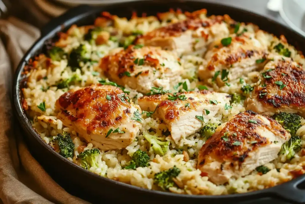 Skillet chicken with broccoli and rice casserole.