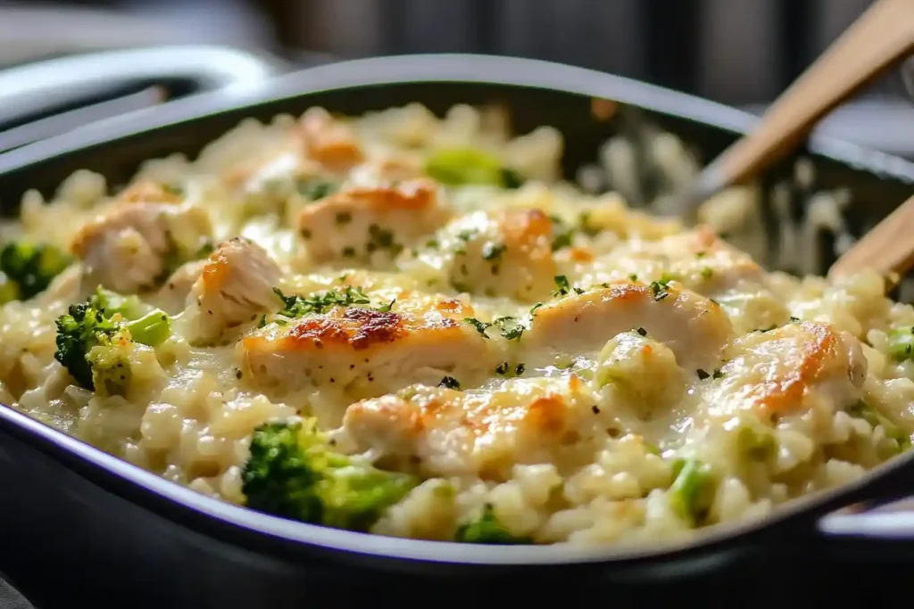  Chicken, broccoli, and rice casserole baked with melted cheese.