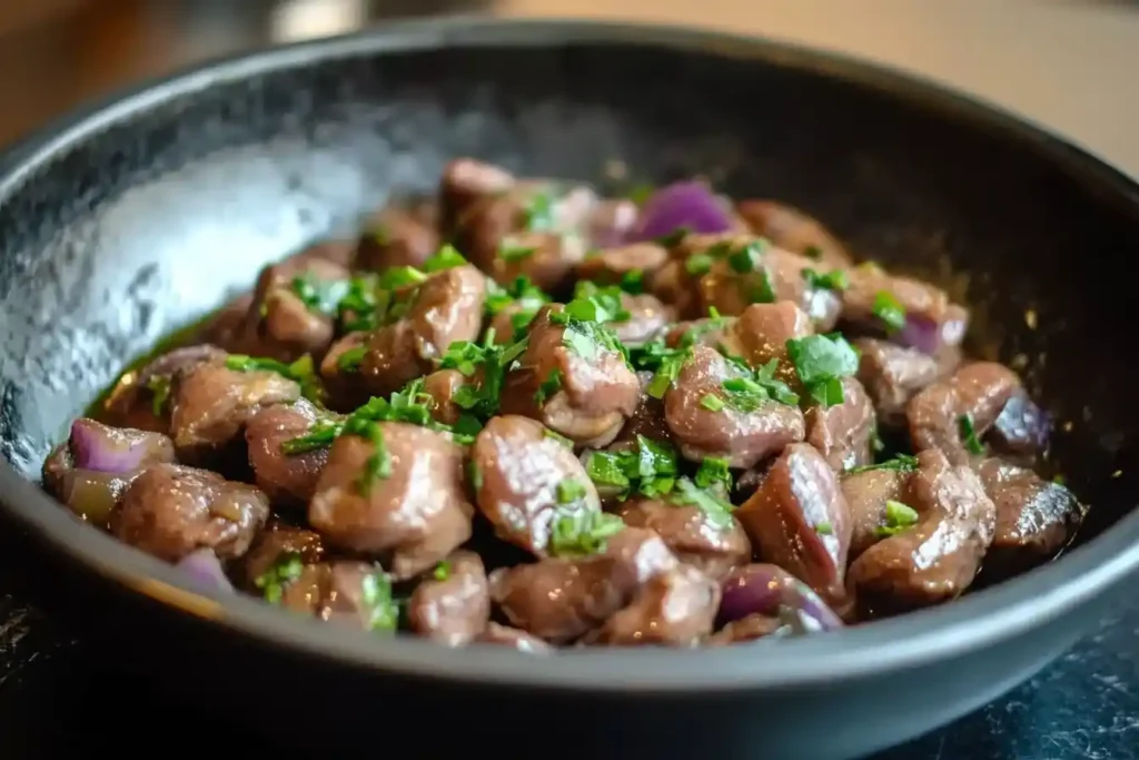 Cooked chicken hearts garnished with fresh herbs in a black bowl.