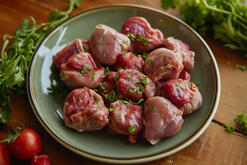 A plate of raw chicken hearts garnished with fresh parsley, surrounded by herbs and cherry tomatoes.